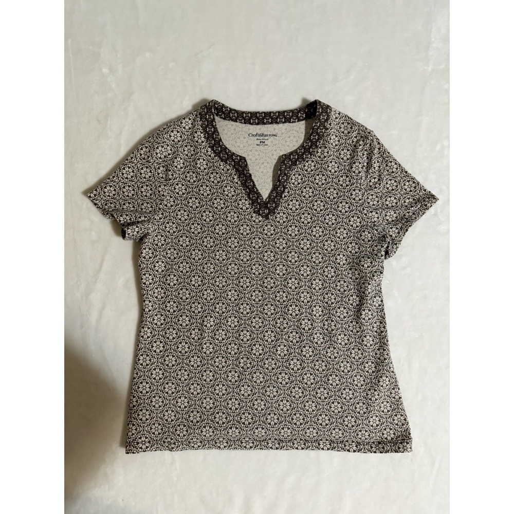 CROFT & BARROW Ladies Stretch Top Womens Size PM V Neck All Over Print Cotton